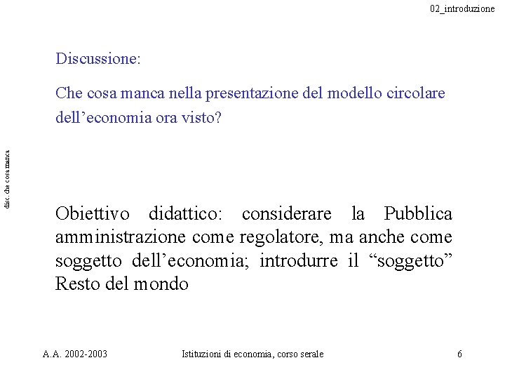 02_introduzione Discussione: disc. che cosa manca Che cosa manca nella presentazione del modello circolare