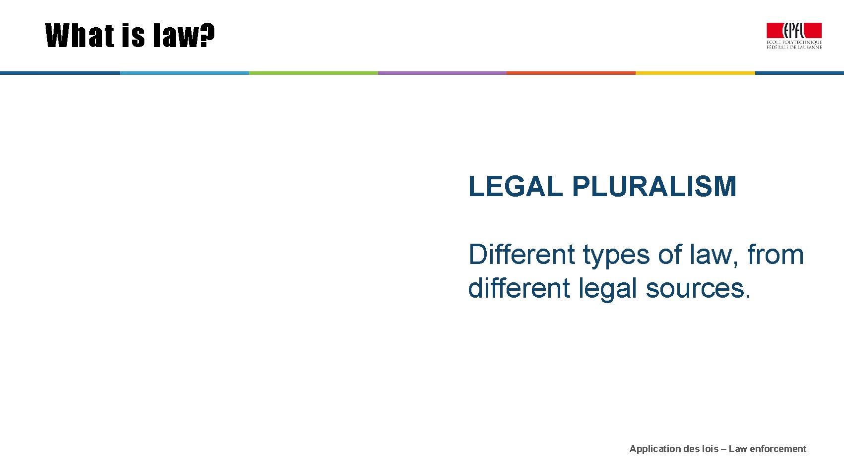 What is law? LEGAL PLURALISM Different types of law, from different legal sources. Application