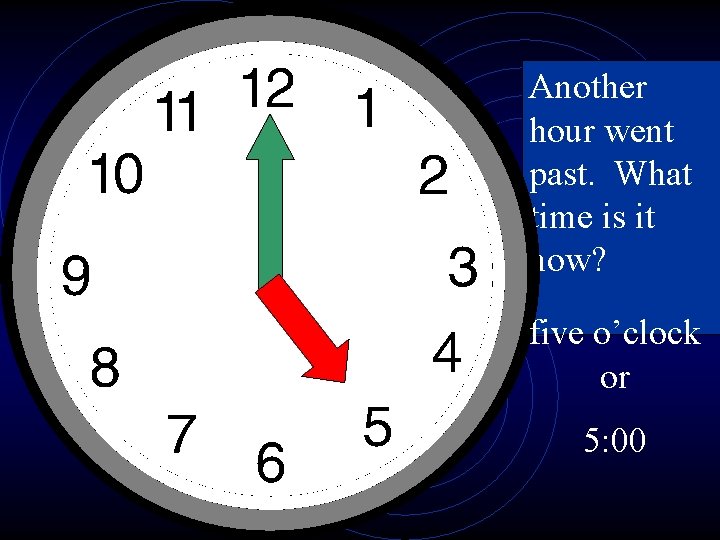 Another hour went past. What time is it now? five o’clock or 5: 00