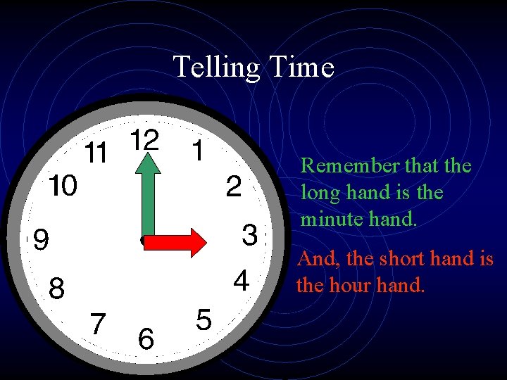 Telling Time Remember that the long hand is the minute hand. And, the short