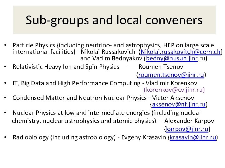 Sub-groups and local conveners • Particle Physics (including neutrino- and astrophysics, HEP on large