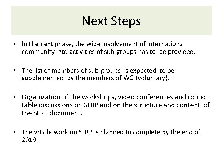 Next Steps • In the next phase, the wide involvement of international community into