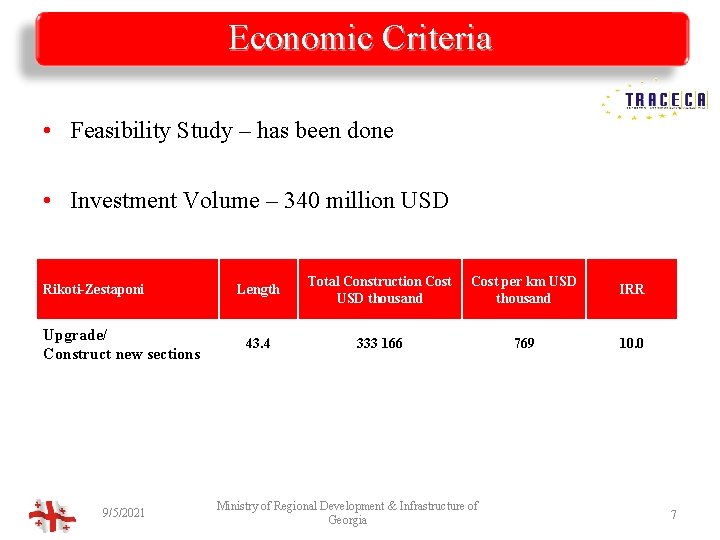 Economic Criteria • Feasibility Study – has been done • Investment Volume – 340