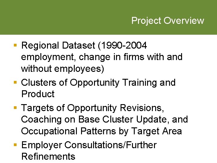 Project Overview § Regional Dataset (1990 -2004 employment, change in firms with and without