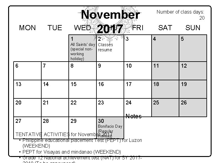 MON November WED 2017 THU FRI TUE 1 2 Number of class days: 20