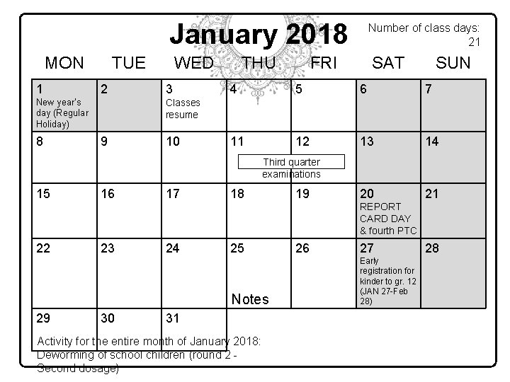 January 2018 MON 1 TUE 2 New year’s day (Regular Holiday) 8 WED 3
