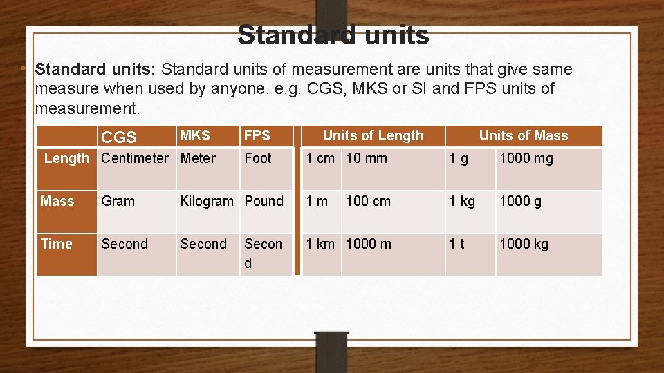 Standard units • Standard units: Standard units of measurement are units that give same