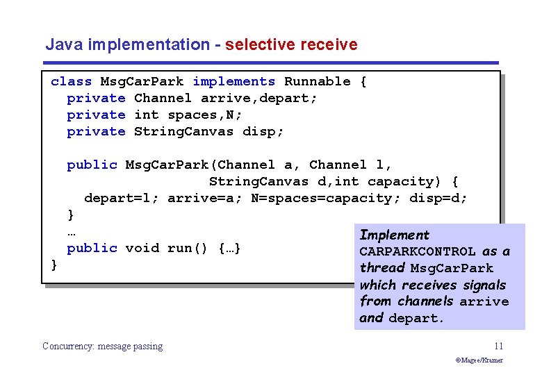Java implementation - selective receive class Msg. Car. Park implements Runnable { private Channel