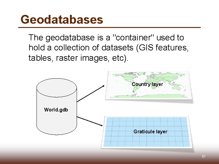 Geodatabases The geodatabase is a "container" used to hold a collection of datasets (GIS