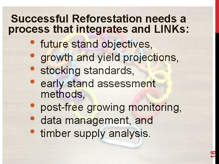 16 Successful Reforestation needs a process that integrates and LINKs: • future stand objectives,