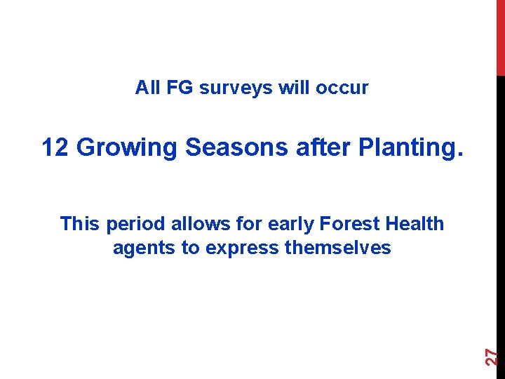 All FG surveys will occur 12 Growing Seasons after Planting. 27 This period allows