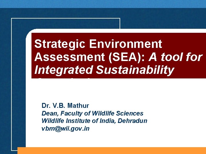 Strategic Environment Assessment SEA A tool for Integrated