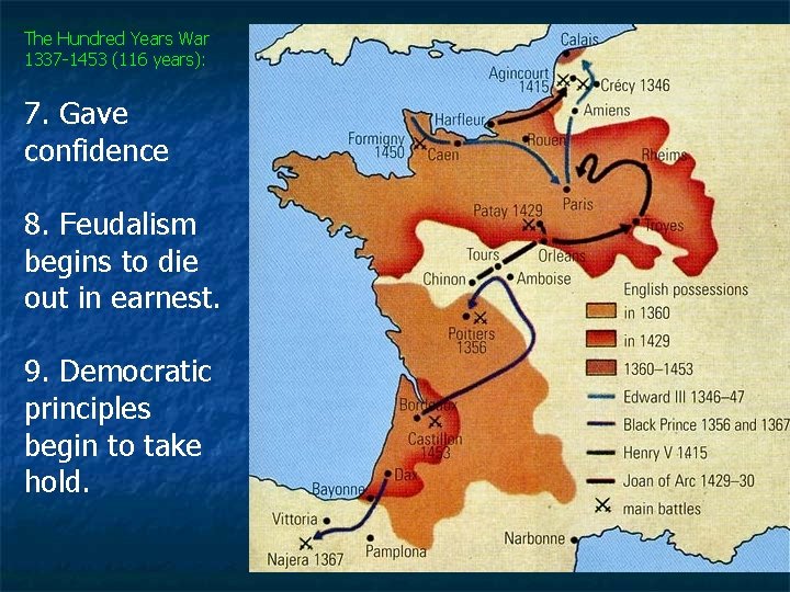 The Hundred Years War 1337 -1453 (116 years): 7. Gave confidence 8. Feudalism begins