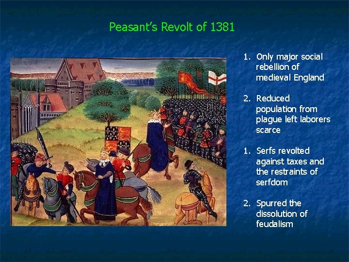 Peasant’s Revolt of 1381 1. Only major social rebellion of medieval England 2. Reduced