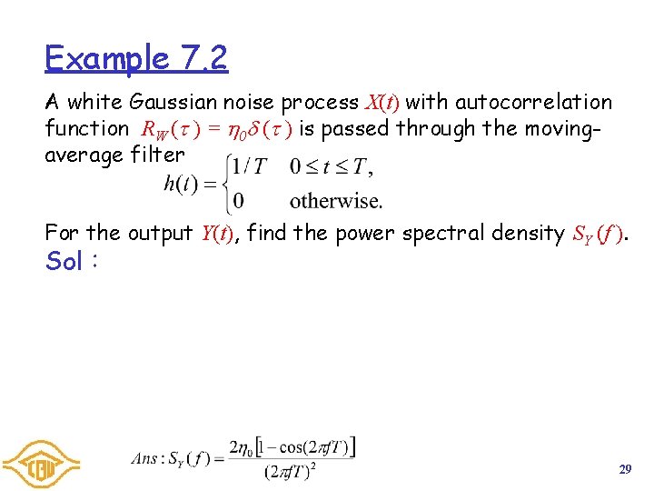 Example 7. 2 A white Gaussian noise process X(t) with autocorrelation function RW ( Example 7. 2 A white Gaussian noise process X(t) with autocorrelation function RW (