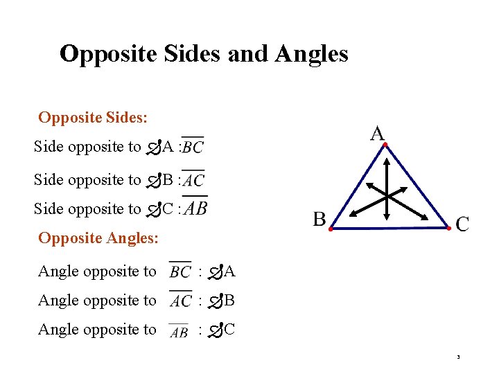 Opposite Sides and Angles Opposite Sides: Side opposite to A : Side opposite to