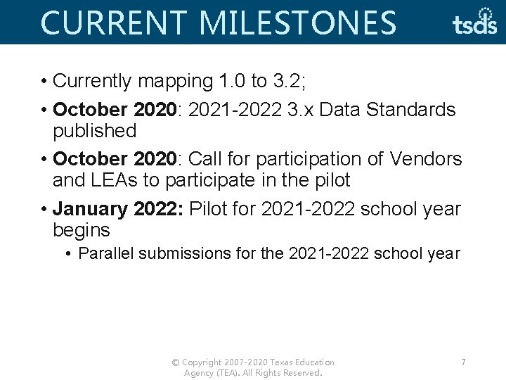 CURRENT MILESTONES • Currently mapping 1. 0 to 3. 2; • October 2020: 2021