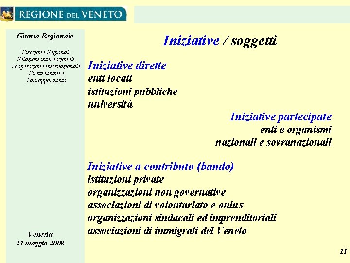 Giunta Regionale Direzione Regionale Relazioni internazionali, Cooperazione internazionale, Diritti umani e Pari opportunità Iniziative