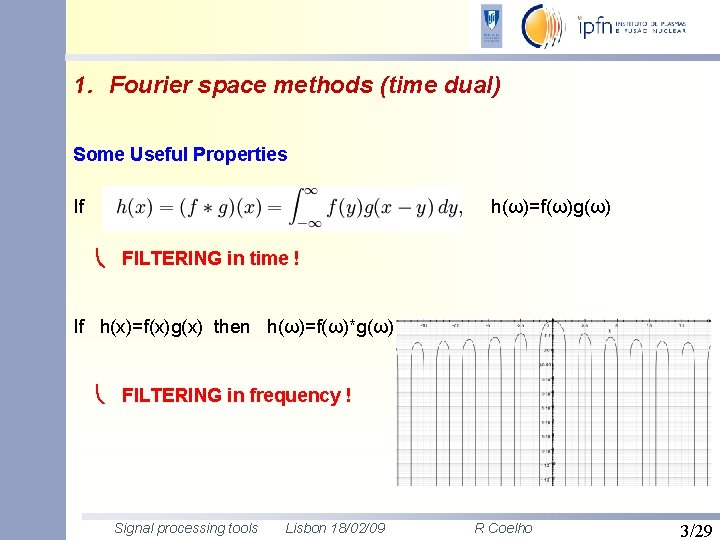 1. Fourier space methods (time dual) Some Useful Properties If h(ω)=f(ω)g(ω) FILTERING in time