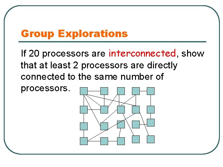 Group Explorations If 20 processors are interconnected, show that at least 2 processors are