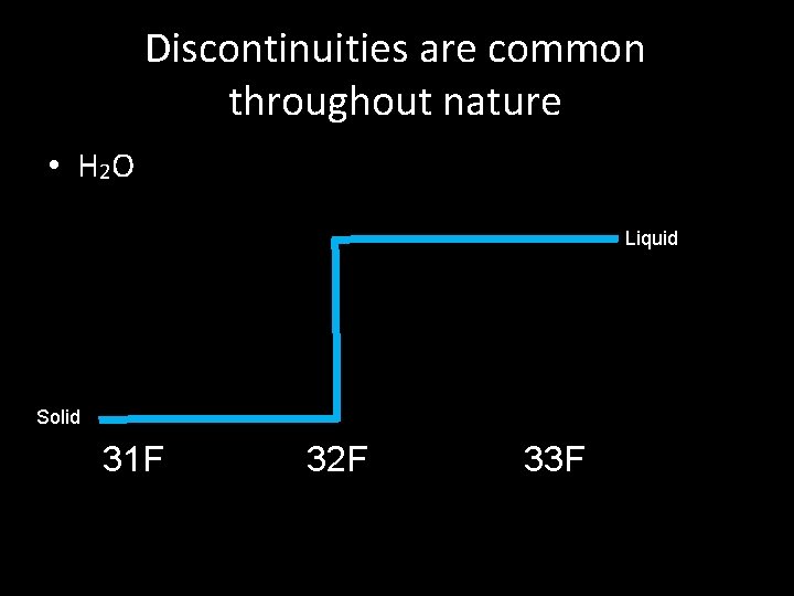 Discontinuities are common throughout nature • H 2 O Liquid Solid 31 F 32