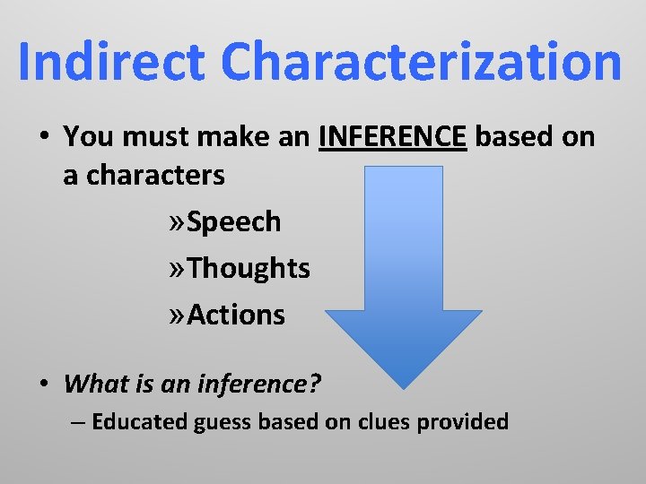 Indirect Characterization • You must make an INFERENCE based on a characters » Speech