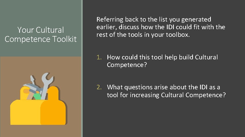 Your Cultural Competence Toolkit Referring back to the list you generated earlier, discuss how