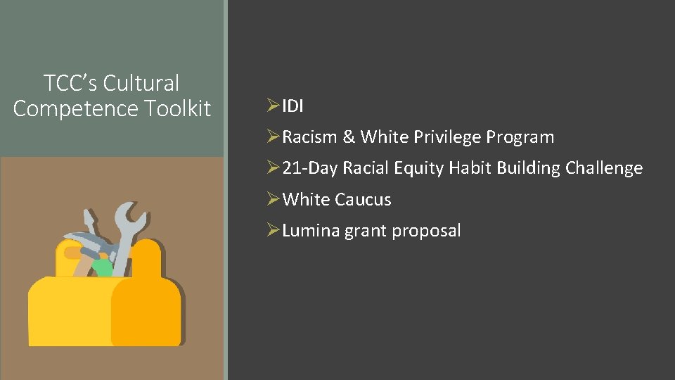 TCC’s Cultural Competence Toolkit ØIDI ØRacism & White Privilege Program Ø 21 -Day Racial
