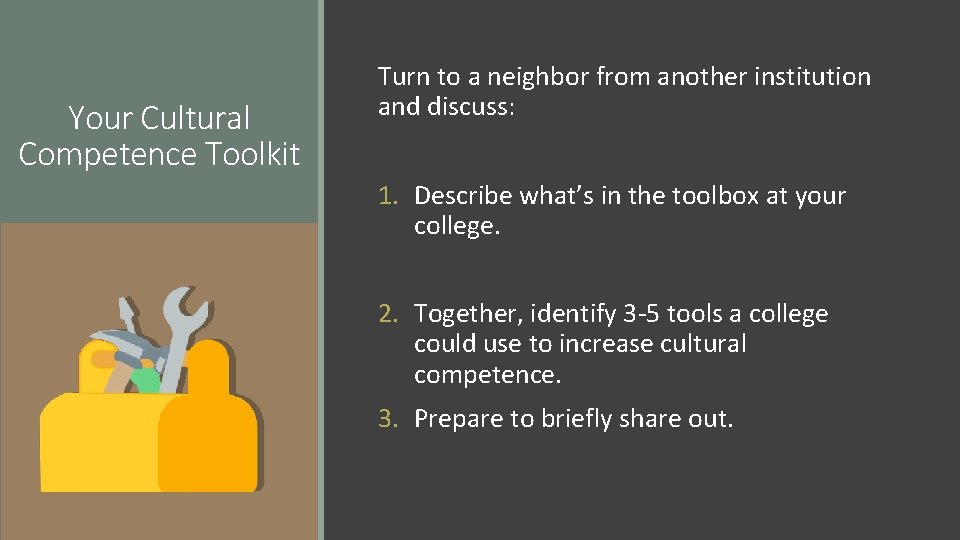 Your Cultural Competence Toolkit Turn to a neighbor from another institution and discuss: 1.