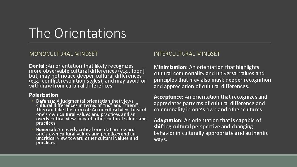 The Orientations MONOCULTURAL MINDSET INTERCULTURAL MINDSET Denial : An orientation that likely recognizes more