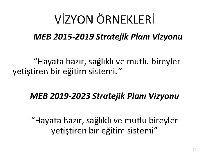 VİZYON ÖRNEKLERİ MEB 2015 -2019 Stratejik Planı Vizyonu “Hayata hazır, sağlıklı ve mutlu bireyler