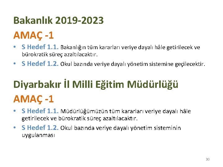 Bakanlık 2019 -2023 AMAÇ -1 • S Hedef 1. 1. Bakanlığın tüm kararları veriye