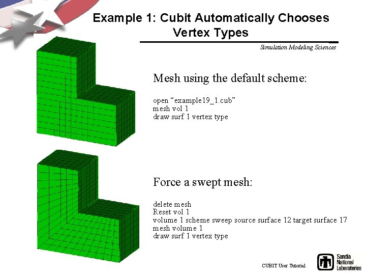 Example 1: Cubit Automatically Chooses Vertex Types Simulation Modeling Sciences Mesh using the default