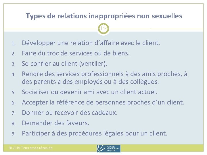 Types de relations inappropriées non sexuelles 114 1. 2. 3. 4. 5. 6. 7.