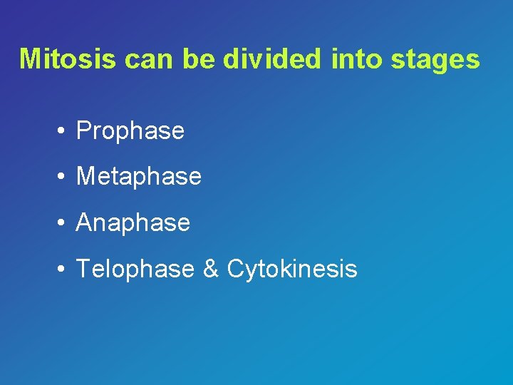 Mitosis can be divided into stages • Prophase • Metaphase • Anaphase • Telophase
