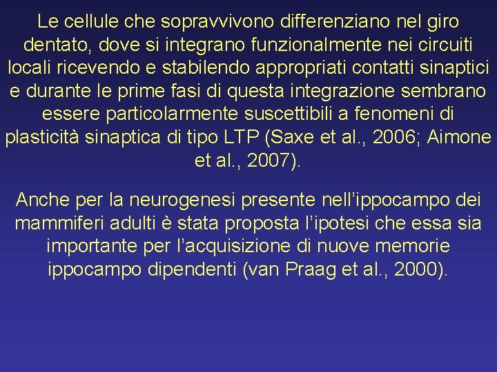 Le cellule che sopravvivono differenziano nel giro dentato, dove si integrano funzionalmente nei circuiti