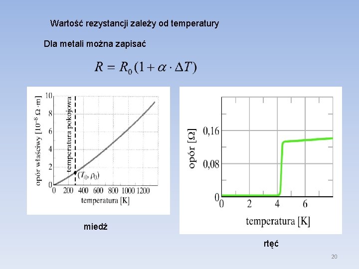 Wartość rezystancji zależy od temperatury Dla metali można zapisać miedź rtęć 20 