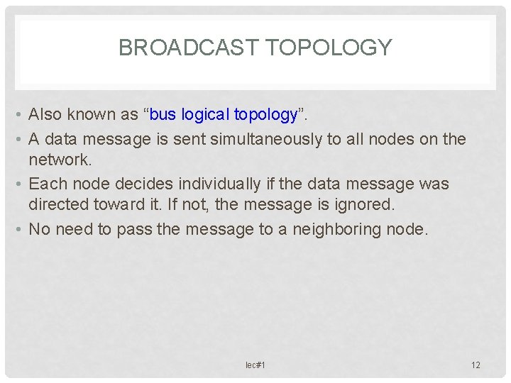 BROADCAST TOPOLOGY • Also known as “bus logical topology”. • A data message is