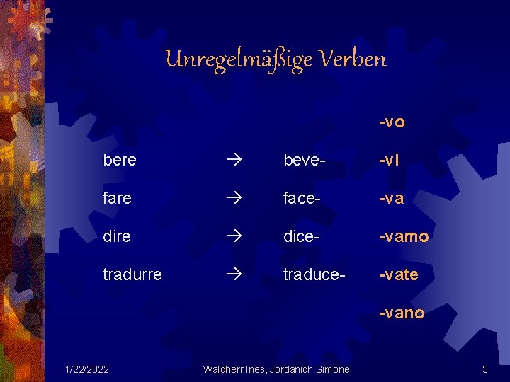 Unregelmäßige Verben -vo bere beve- -vi fare face- -va dire dice- -vamo tradurre traduce-