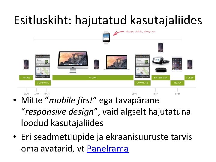 Esitluskiht: hajutatud kasutajaliides • Mitte “mobile first” ega tavapärane “responsive design”, vaid algselt hajutatuna