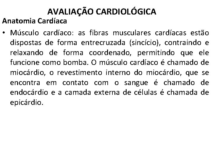 AVALIAÇÃO CARDIOLÓGICA Anatomia Cardíaca • Músculo cardíaco: as fibras musculares cardíacas estão dispostas de