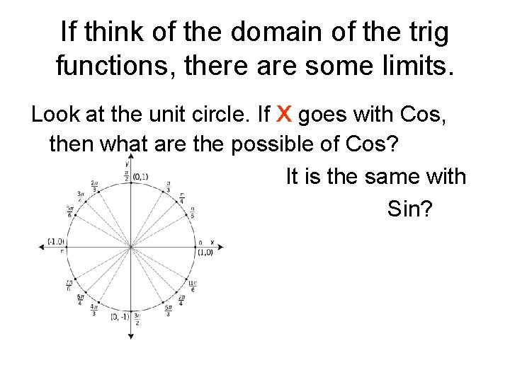 If think of the domain of the trig functions, there are some limits. Look