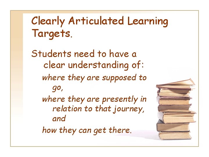 Clearly Articulated Learning Targets. Students need to have a clear understanding of: where they