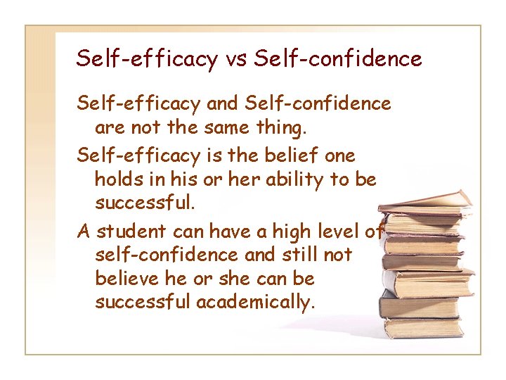 Self-efficacy vs Self-confidence Self-efficacy and Self-confidence are not the same thing. Self-efficacy is the