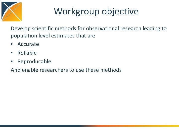 Workgroup objective Develop scientific methods for observational research leading to population level estimates that