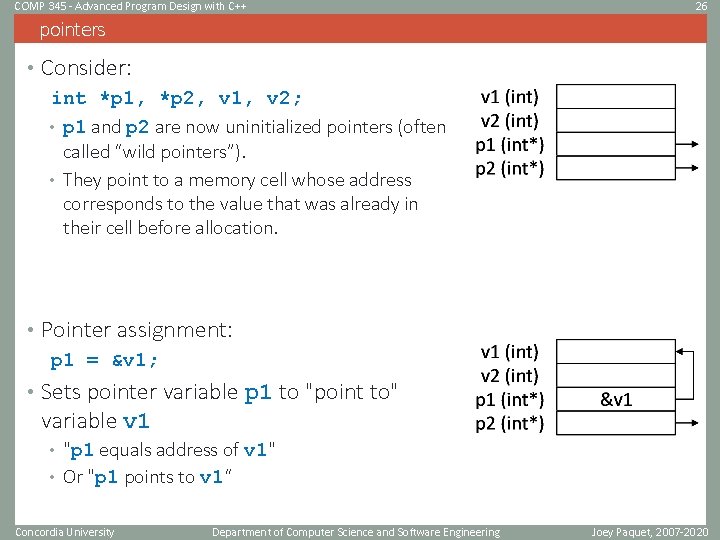 COMP 345 - Advanced Program Design with C++ 26 pointers • Consider: int *p