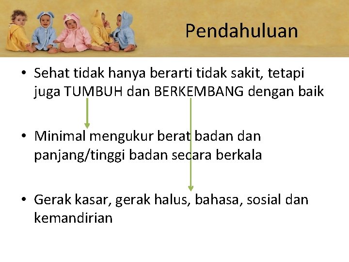 Pendahuluan • Sehat tidak hanya berarti tidak sakit, tetapi juga TUMBUH dan BERKEMBANG dengan