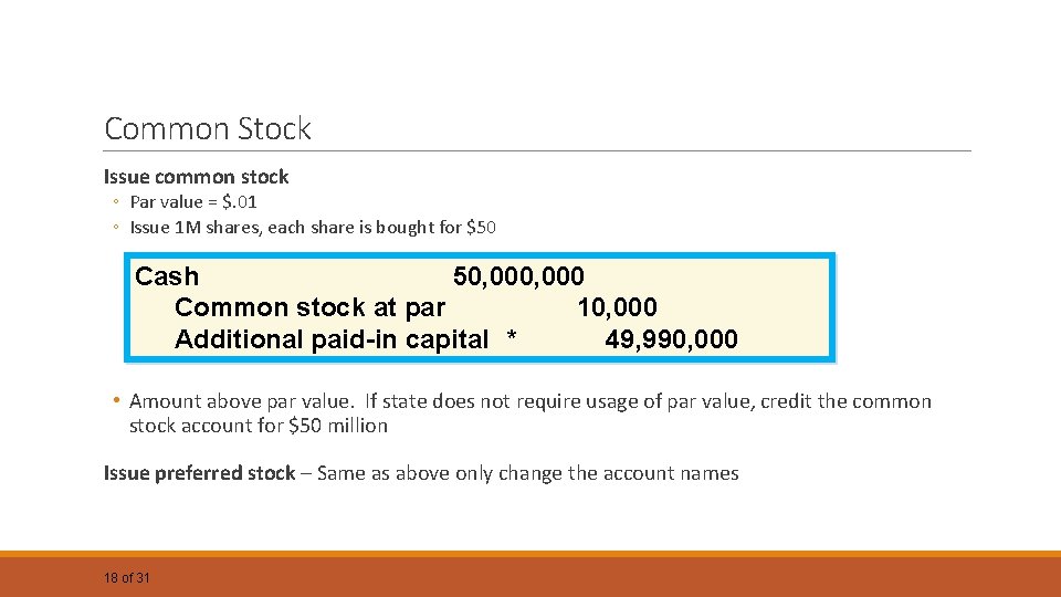 Common Stock Issue common stock ◦ Par value = $. 01 ◦ Issue 1