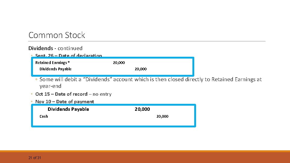 Common Stock Dividends - continued ◦ Sept. 26 – Date of declaration Retained Earnings