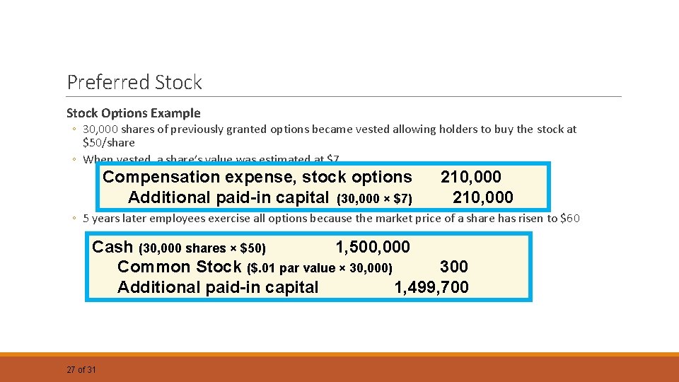 Preferred Stock Options Example ◦ 30, 000 shares of previously granted options became vested Preferred Stock Options Example ◦ 30, 000 shares of previously granted options became vested